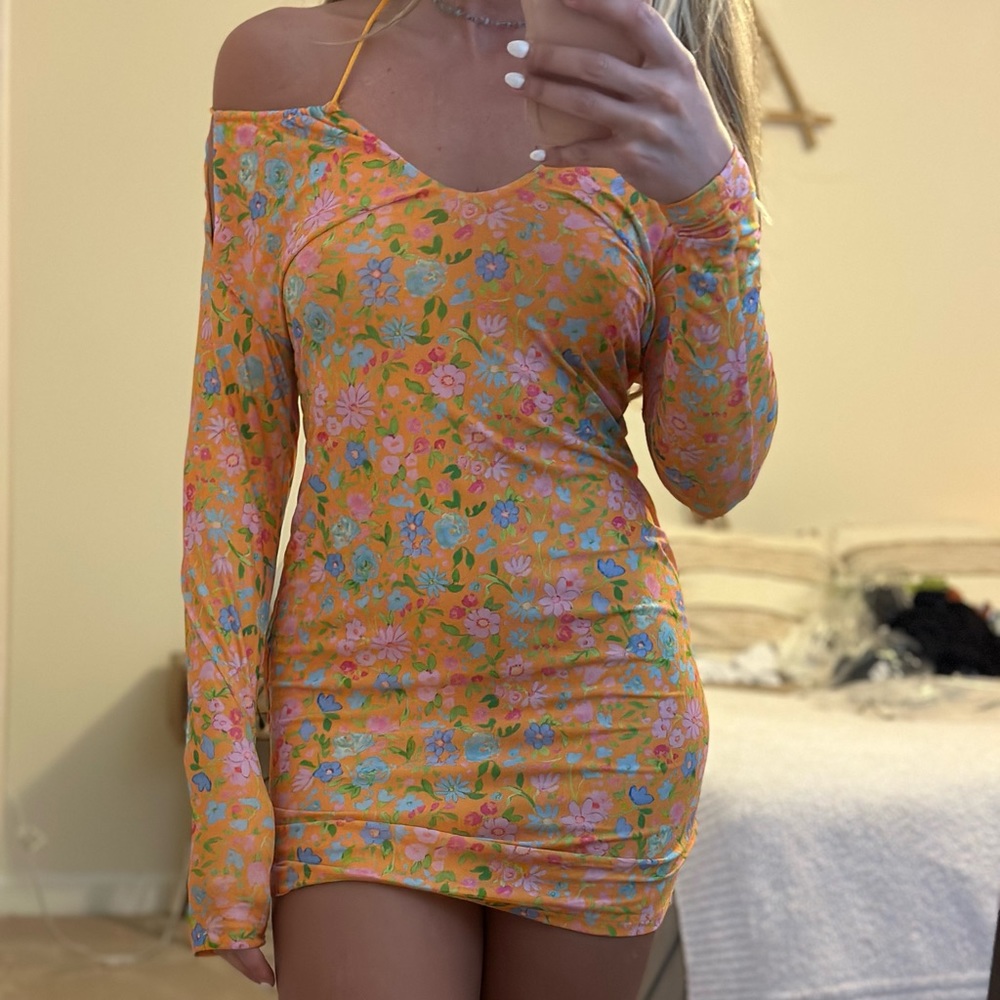 Orange Long Sleeve Mini Dress